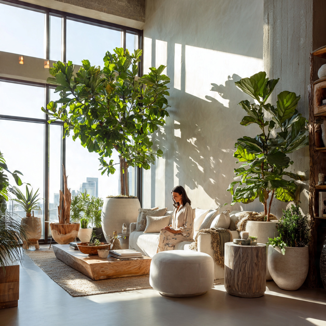 realistic modern living room incorporating large indoor