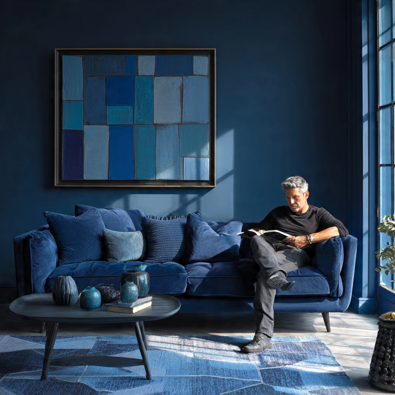 realistic modern living room with a bold