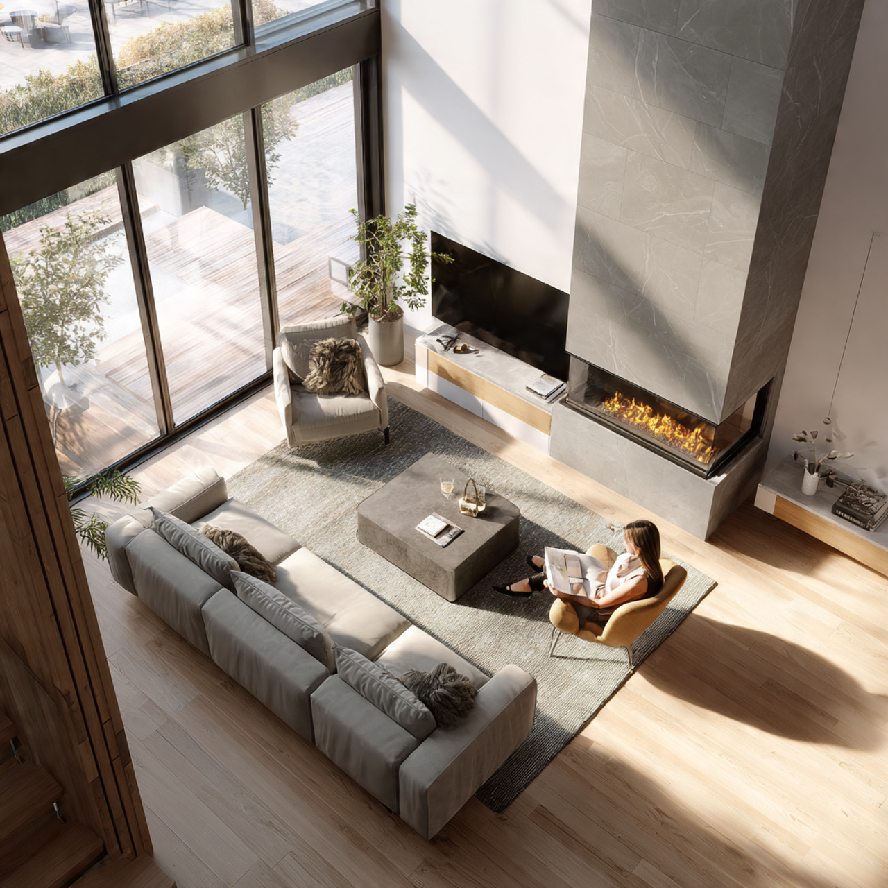 realistic modern living room with a dual zone