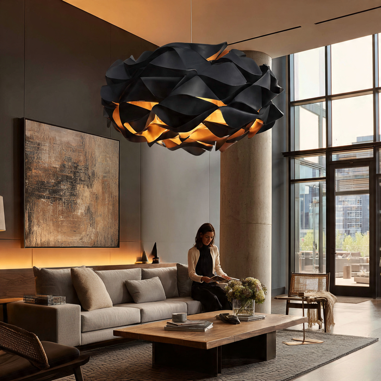 realistic modern living room with a large