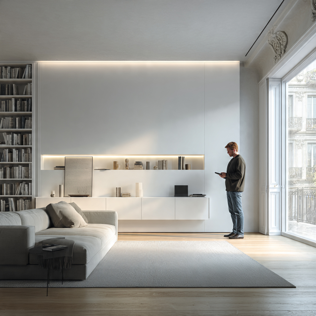 realistic modern living room with a sleek