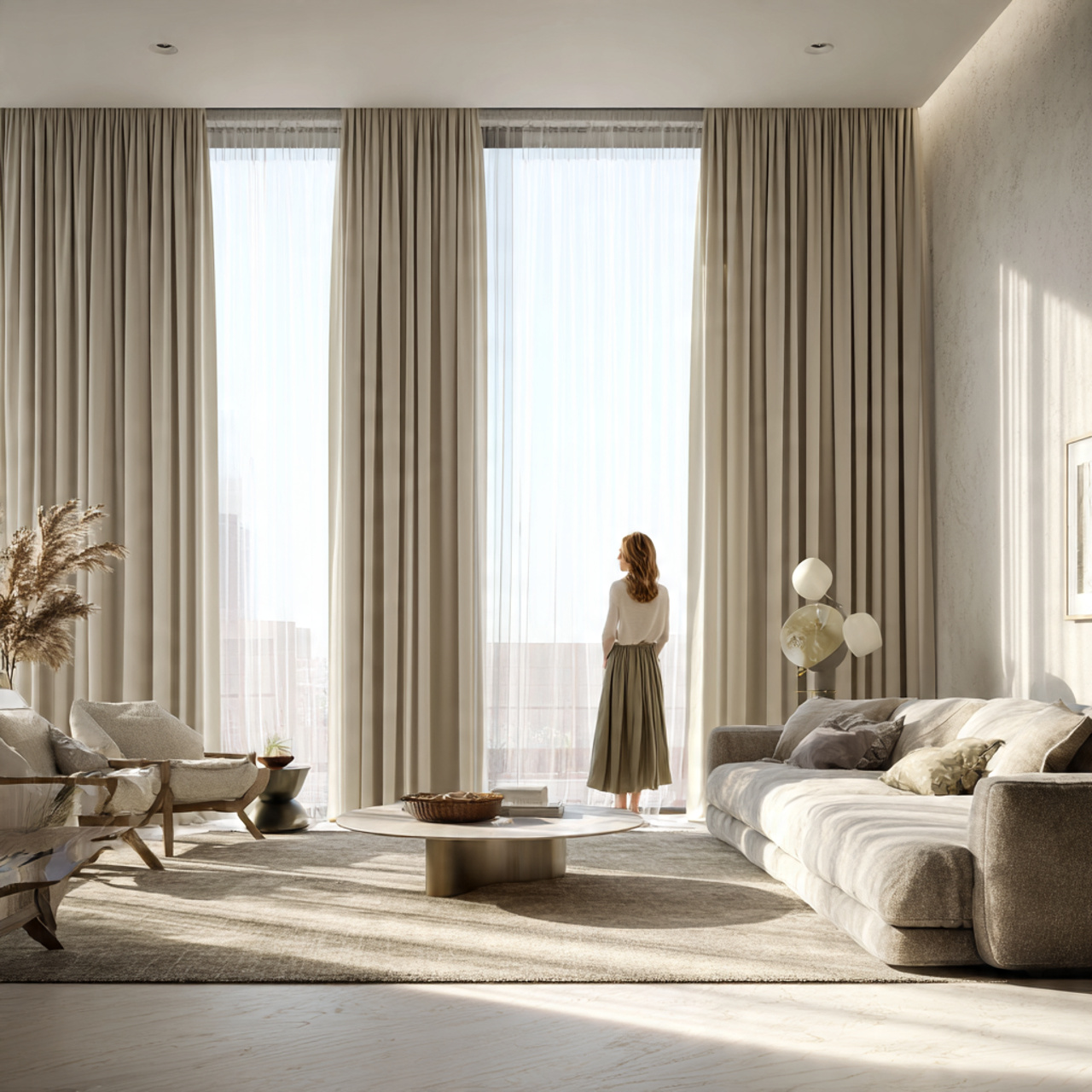 realistic modern living room with elegant floor to ceiling