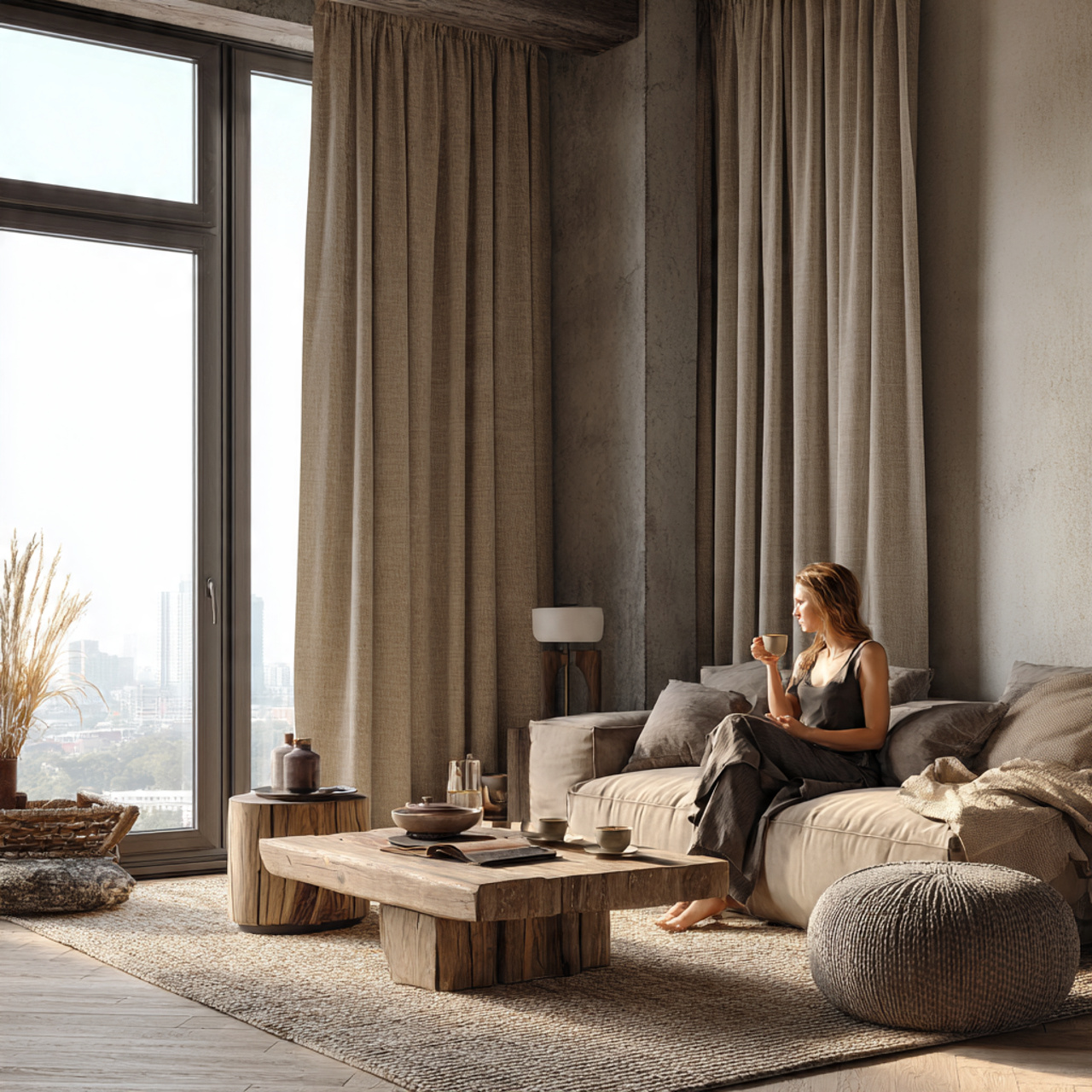 realistic modern living room with layered neutral