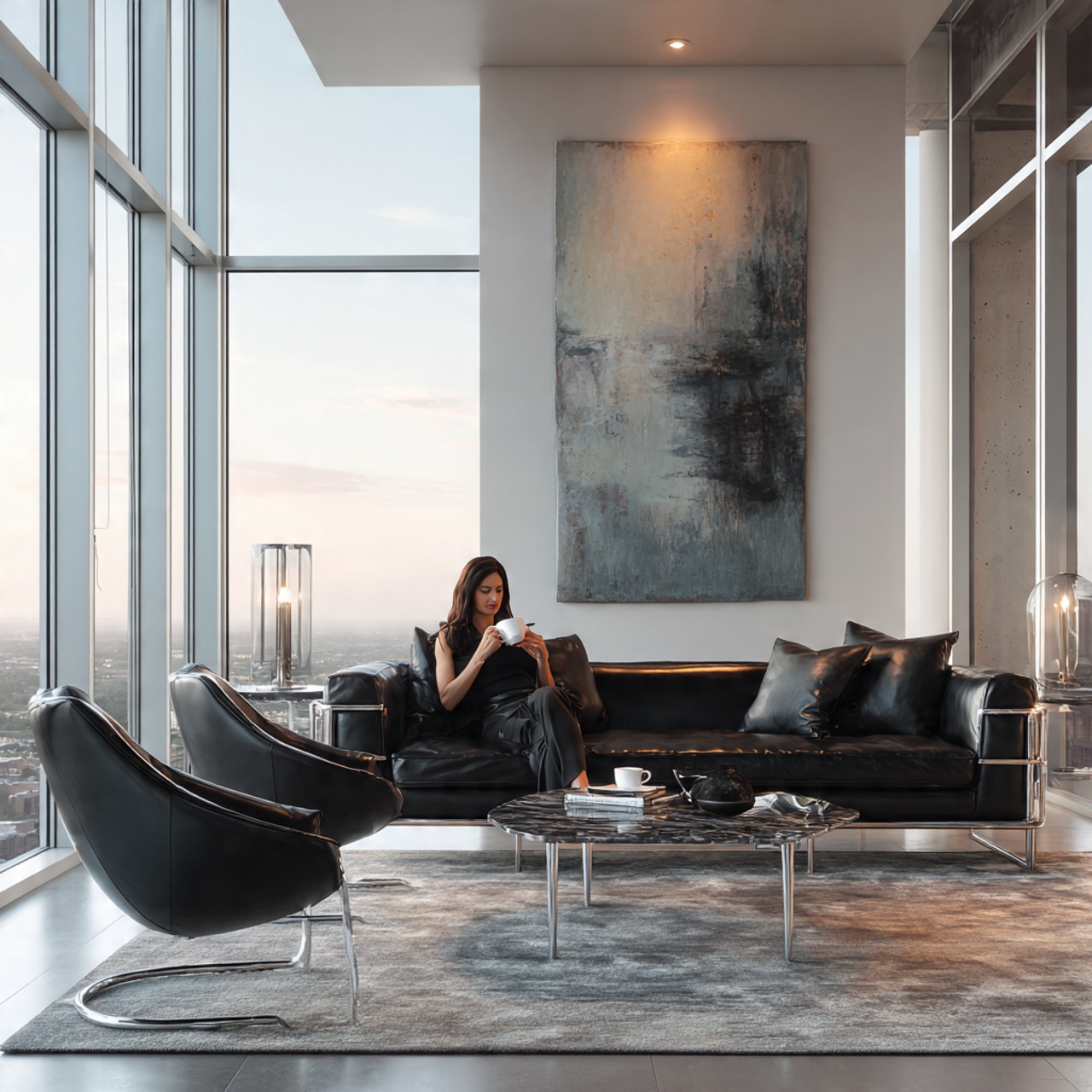 realistic modern living room with leather and