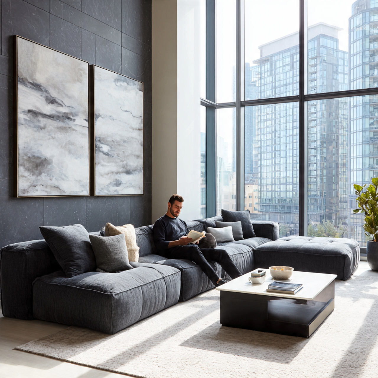 realistic modern living room with low profile modular