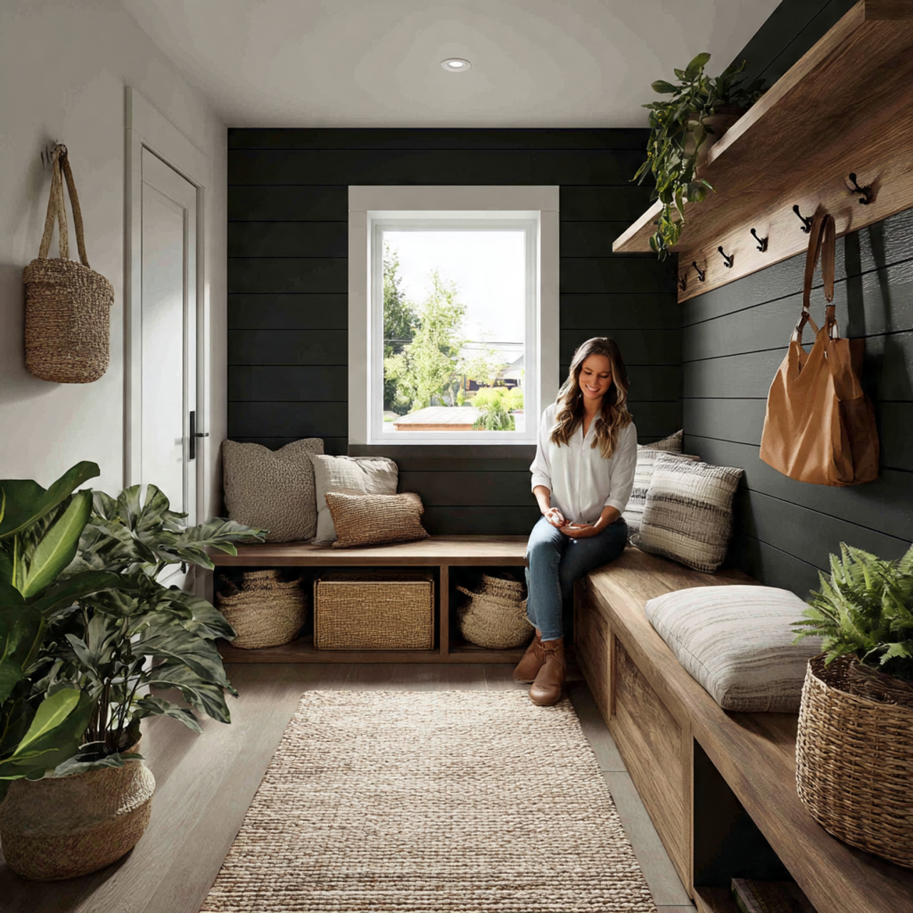 realistic modern mudroom featuring horizontal shiplap walls