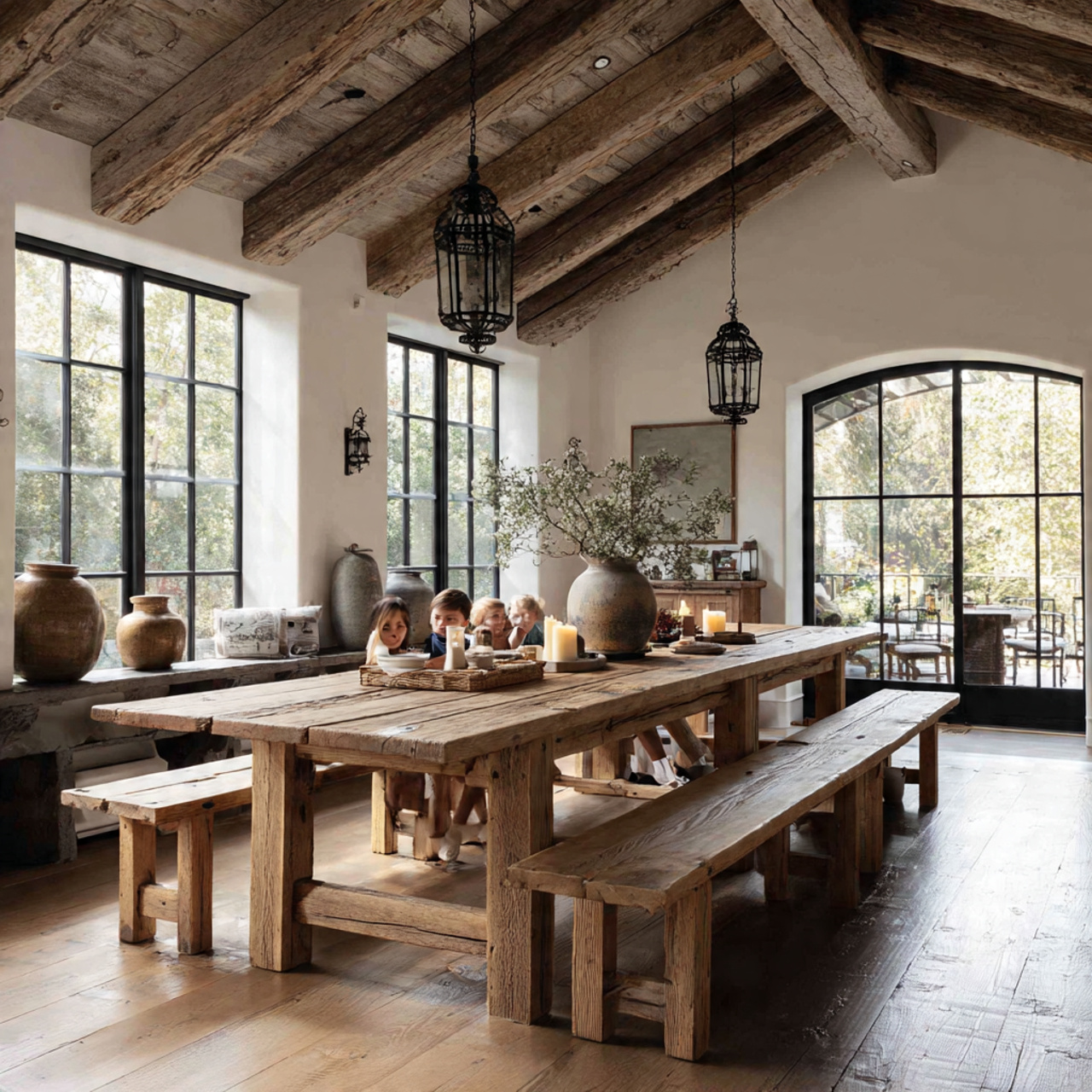 rustic dining room with a long wooden