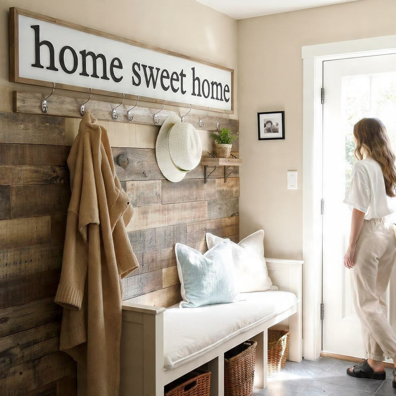 rustic farmhouse style mudroom with large wooden sign