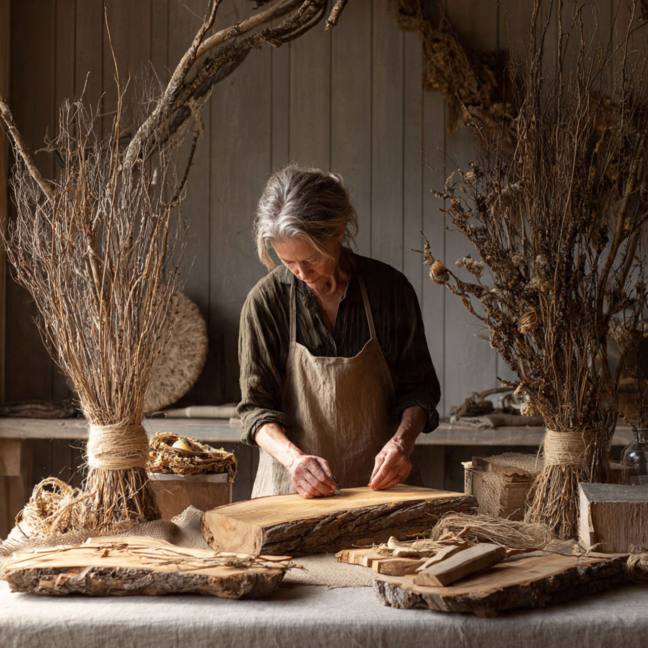 rustic indoor scene featuring raw unpainted wooden