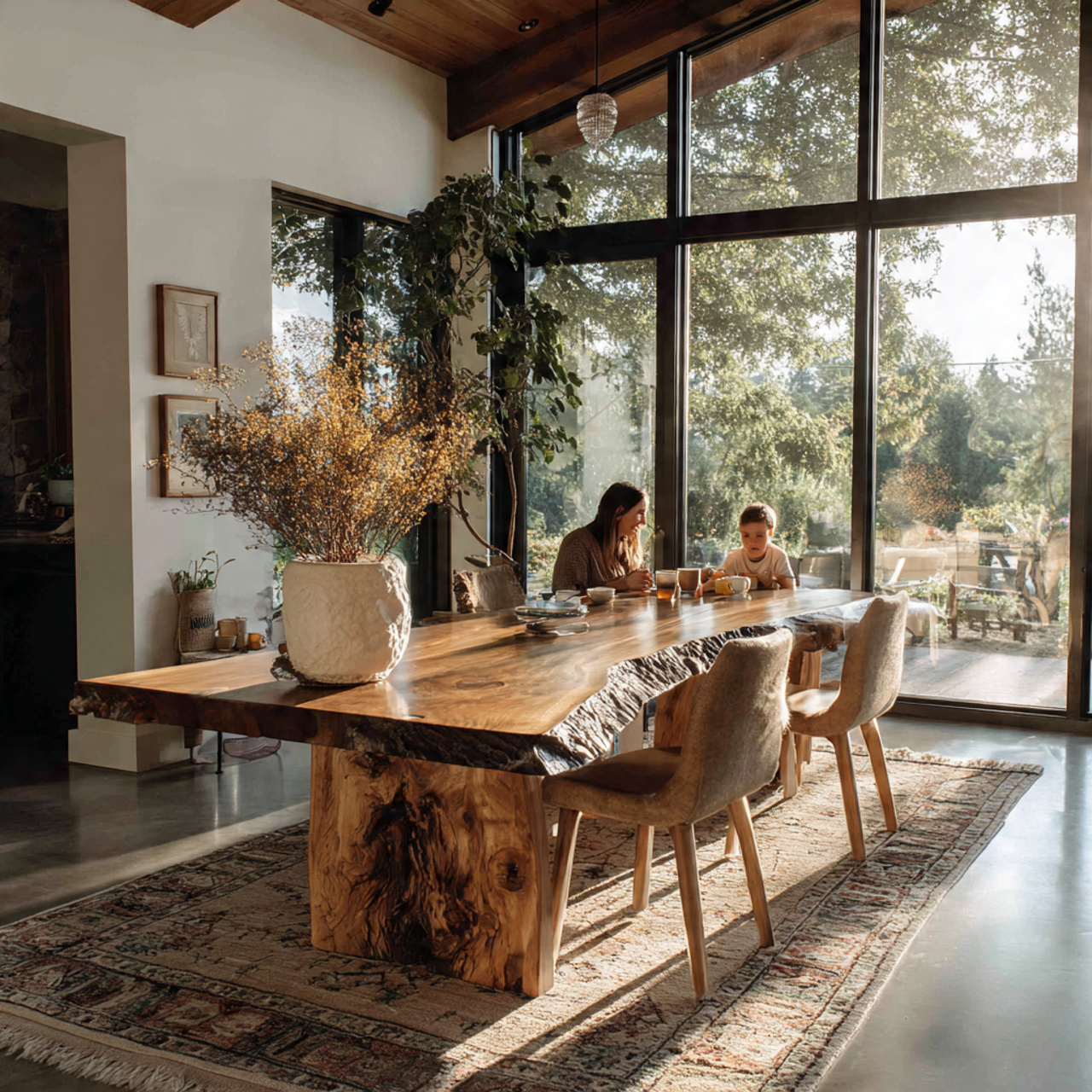 rustic modern dining space showcasing a live edge wooden