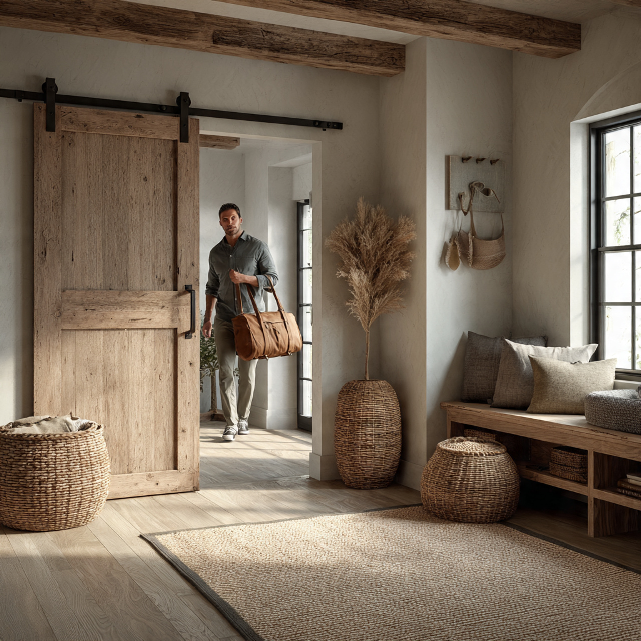 rustic mudroom with a natural wood sliding