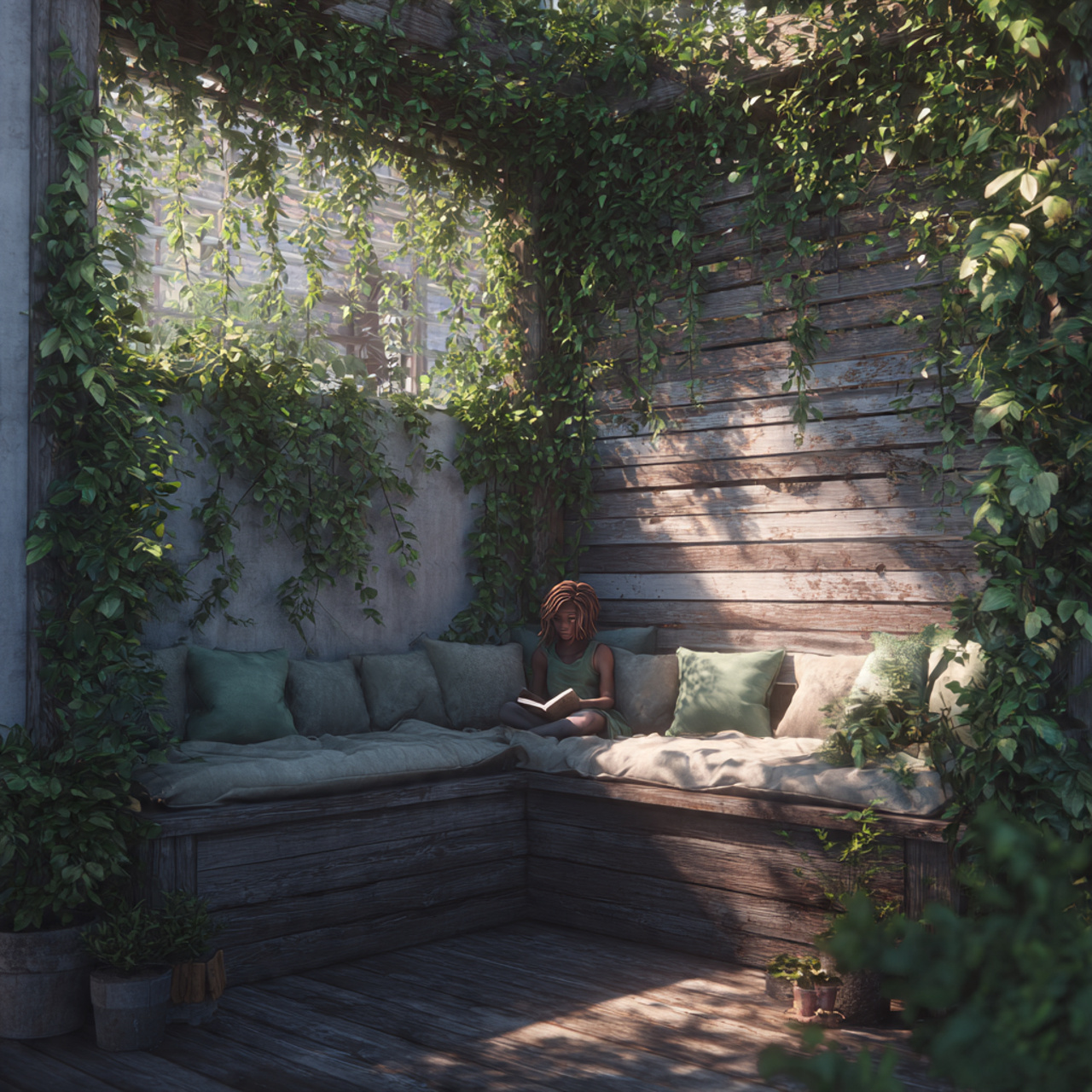 secluded backyard corner with a wooden privacy