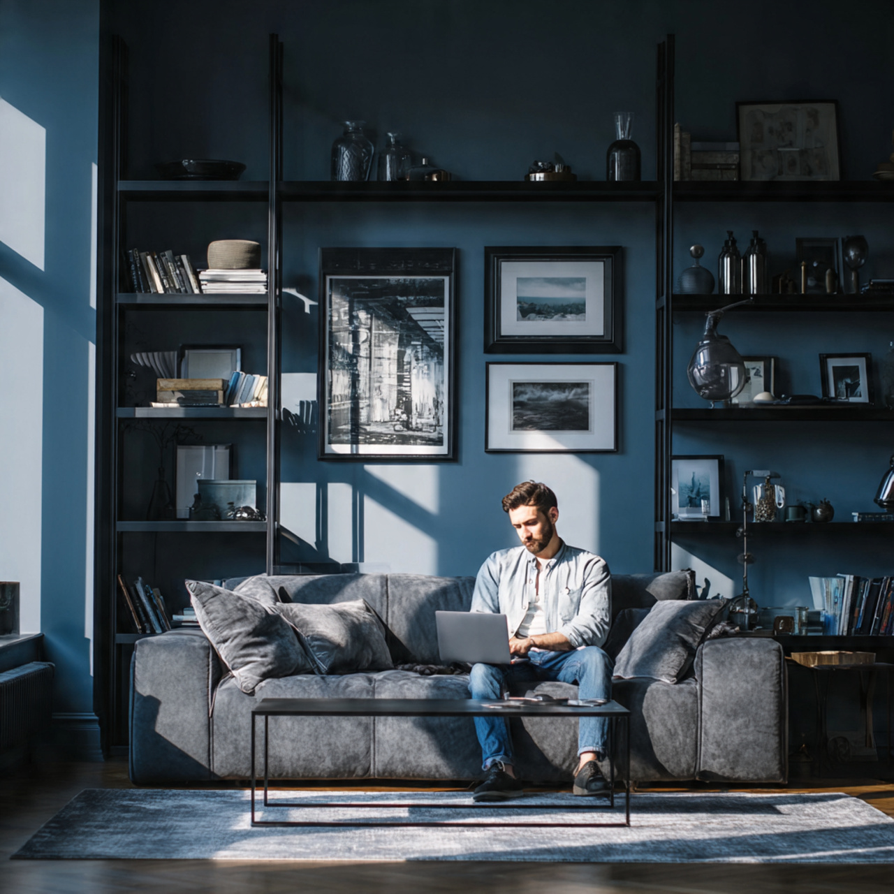 sleek masculine living room with blue living