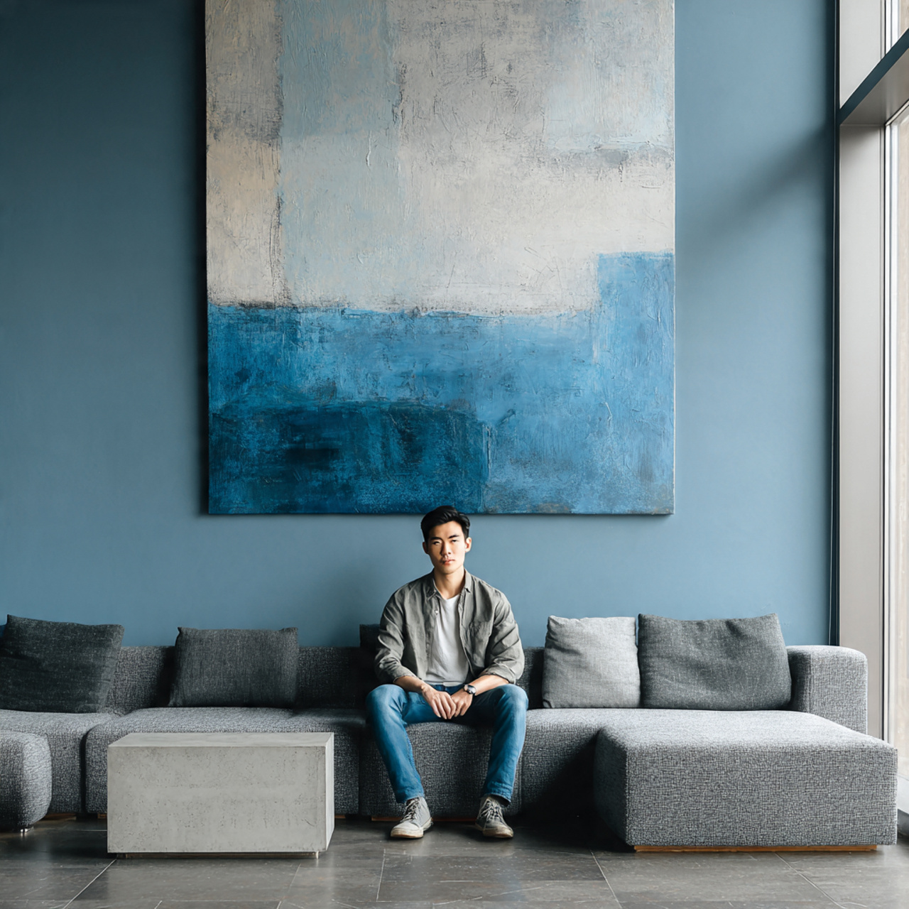 sleek minimalist living room featuring blue living
