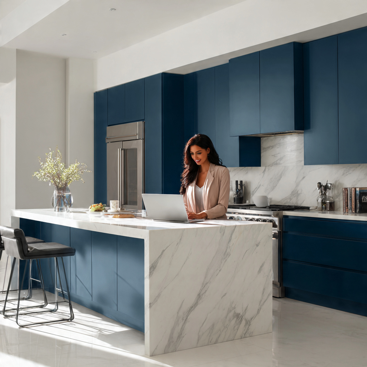 sleek modern kitchen with deep blue handleless 1