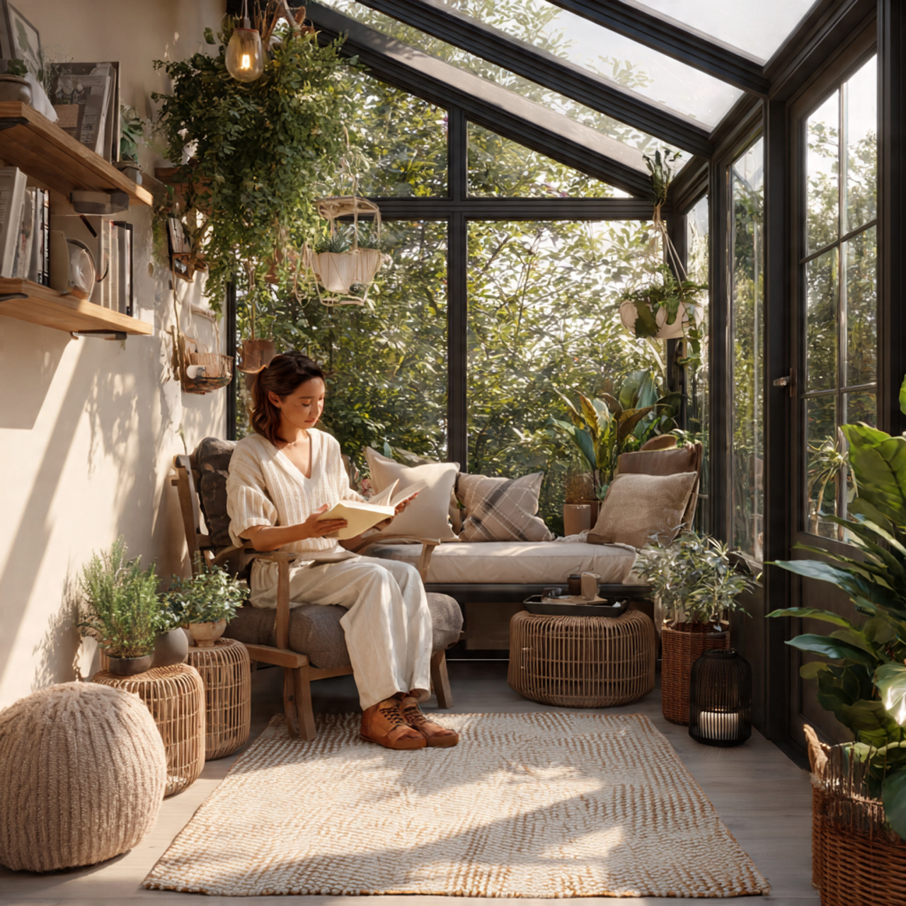 small backyard greenhouse with a comfortable armchair