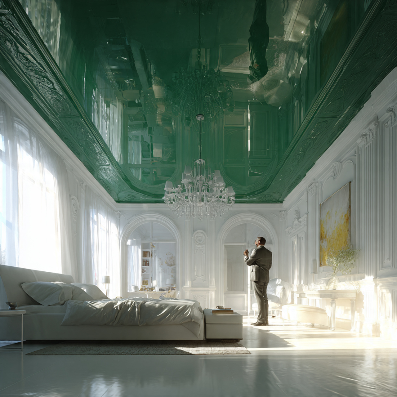 spacious bedroom with a high gloss emerald green