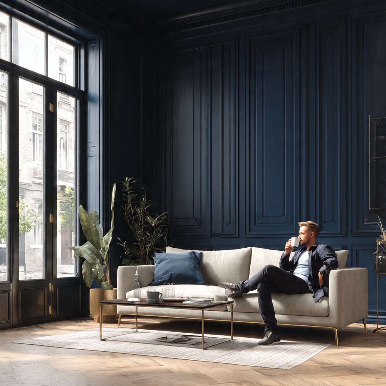 spacious living room with deep navy blue