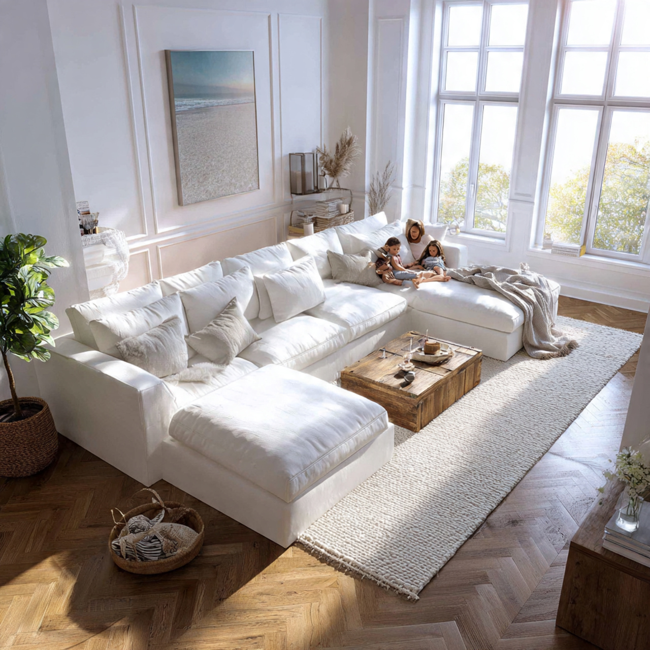 spacious white living room featuring an oversized