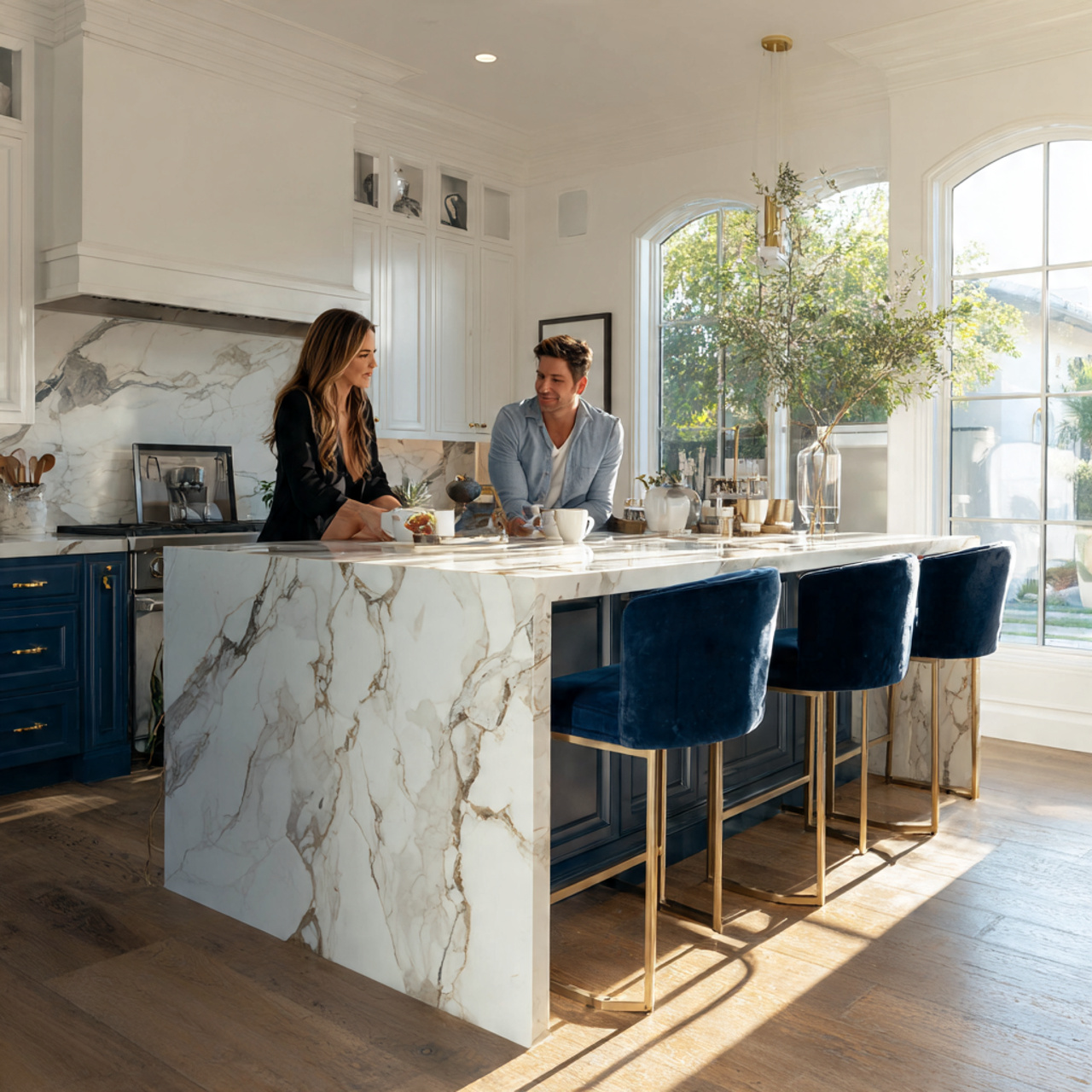 stylish kitchen with sapphire blue upholstered bar 1