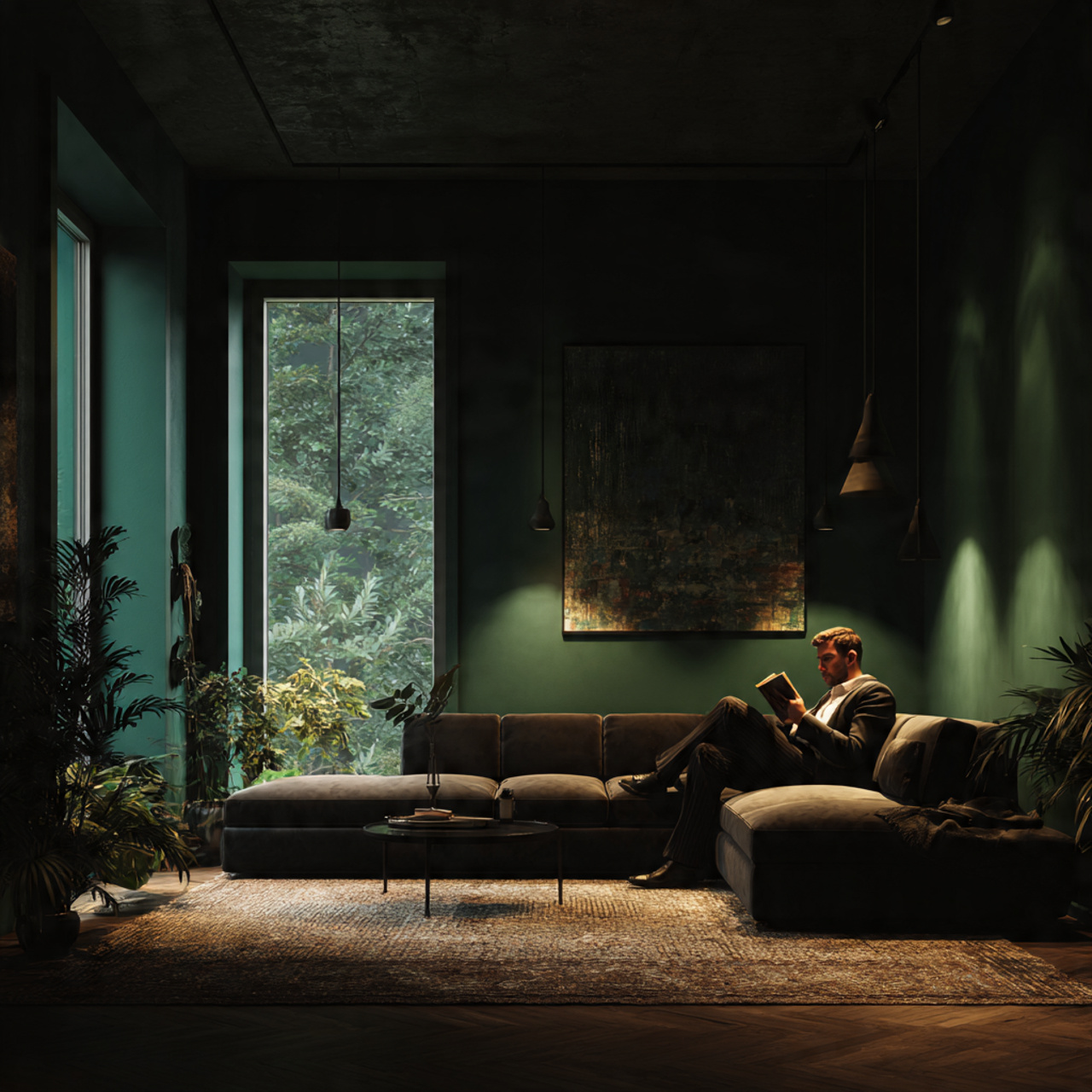 stylish living room with a dark brown 1