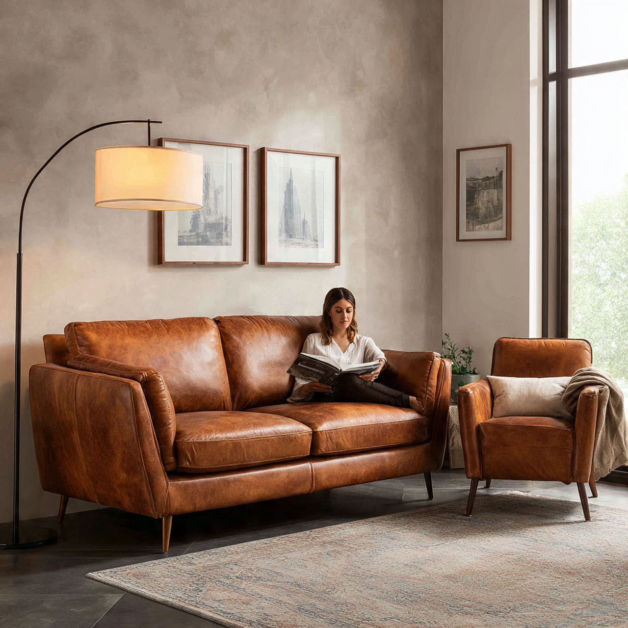 stylish living room with brown couch and 1