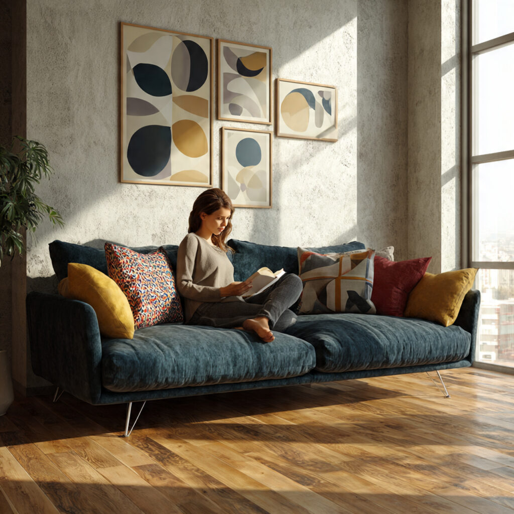 stylish modern sofa with layered geometric patterned cushions