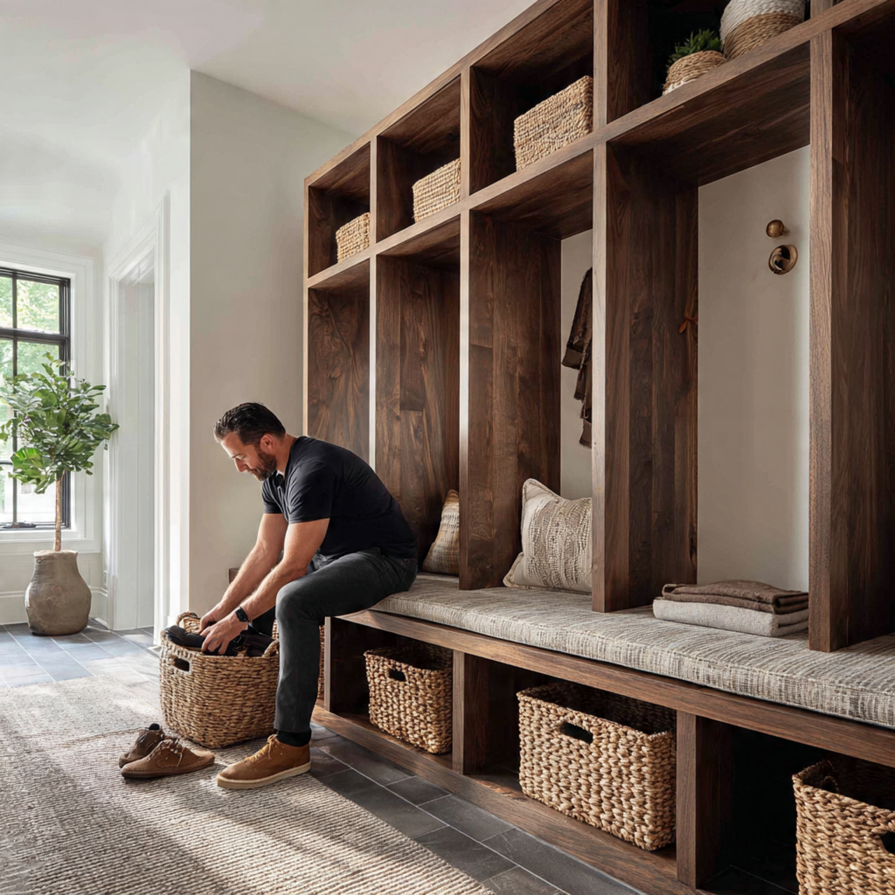 stylish mudroom combining different wood tones dark