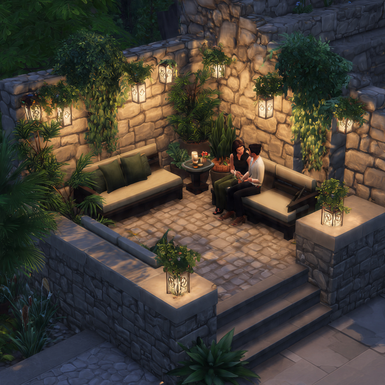 sunken patio with built in benches deep cushions