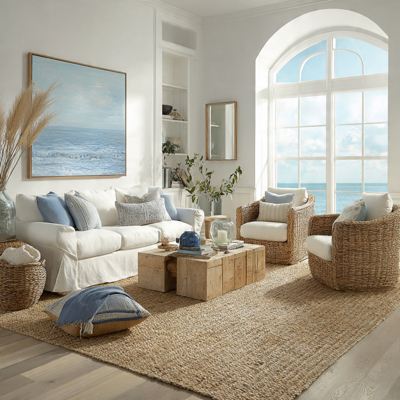 sunlit coastal white living room featuring white washed