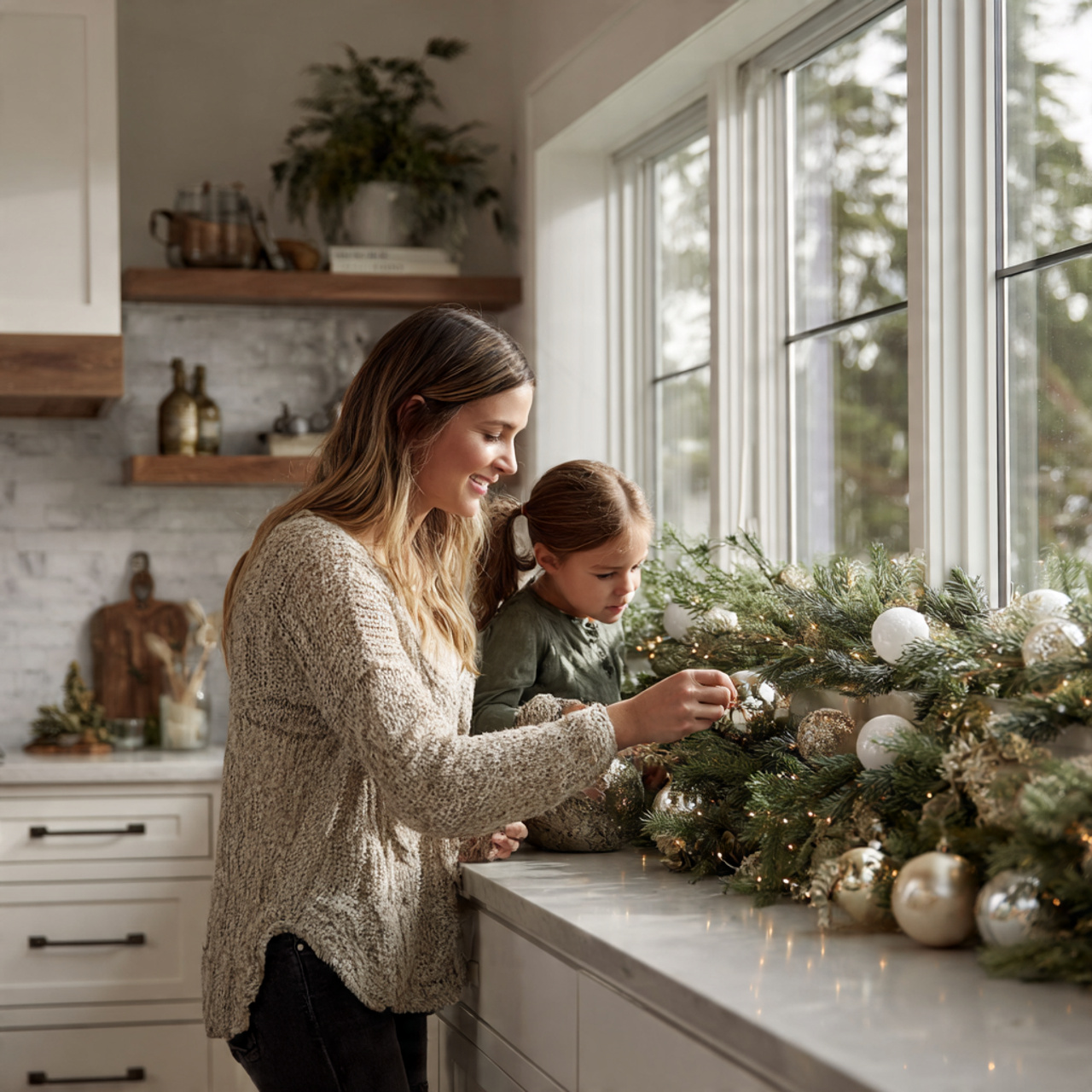 top of kitchen cabinets adorned with light