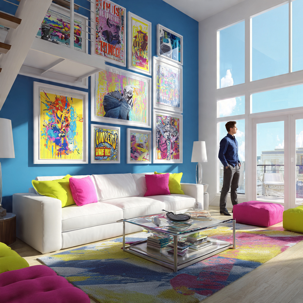 vibrant modern living room with blue living