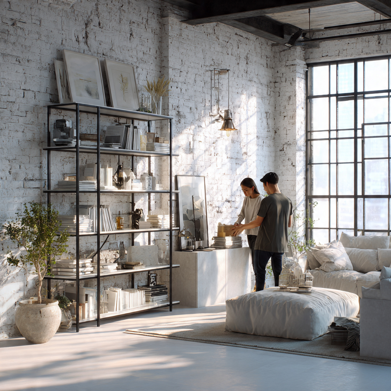 white industrial loft style living room with white washed