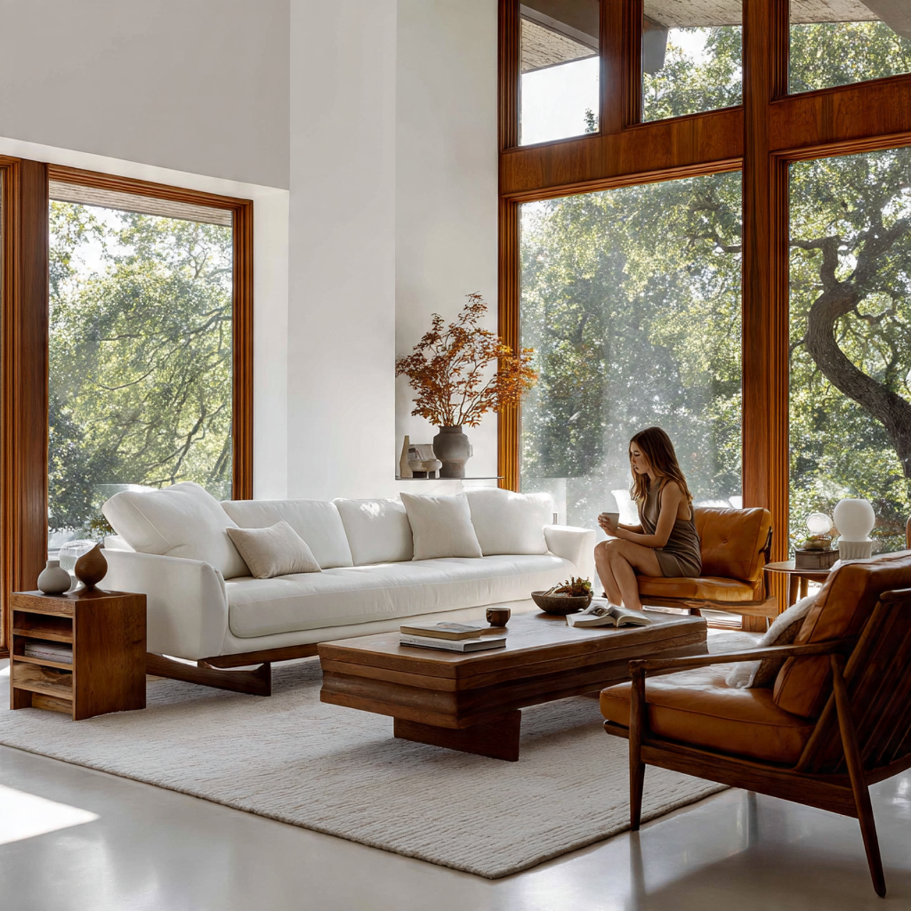 white living room in mid century modern style