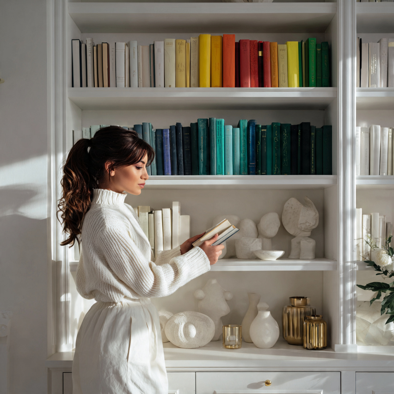 white living room with built in bookshelves painted