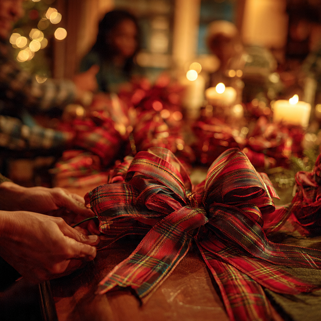 wide plaid ribbon bows adorning christmas tree