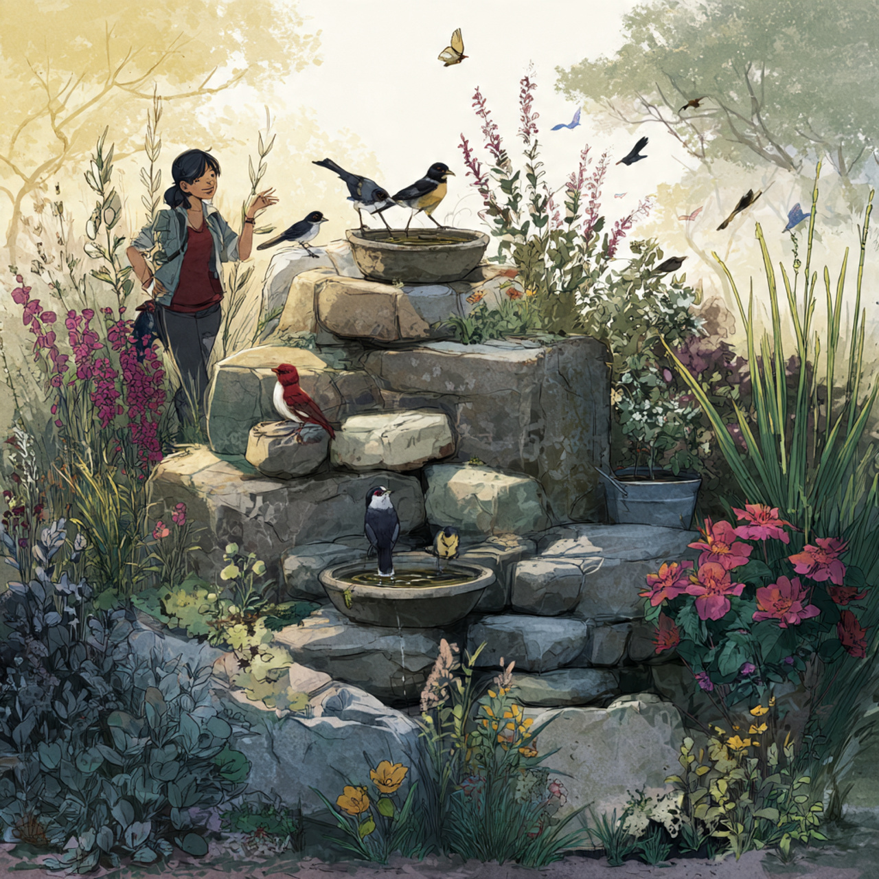 25 Backyard Ideas That Boost Value, Style & Everyday Enjoyment 20 a backyard with a unique bird bath