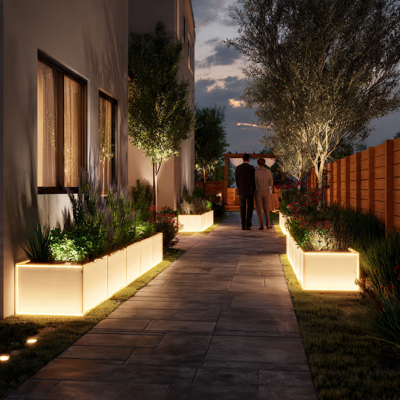 25 Backyard Ideas That Boost Value, Style & Everyday Enjoyment 25 a backyard with glowing led planters along