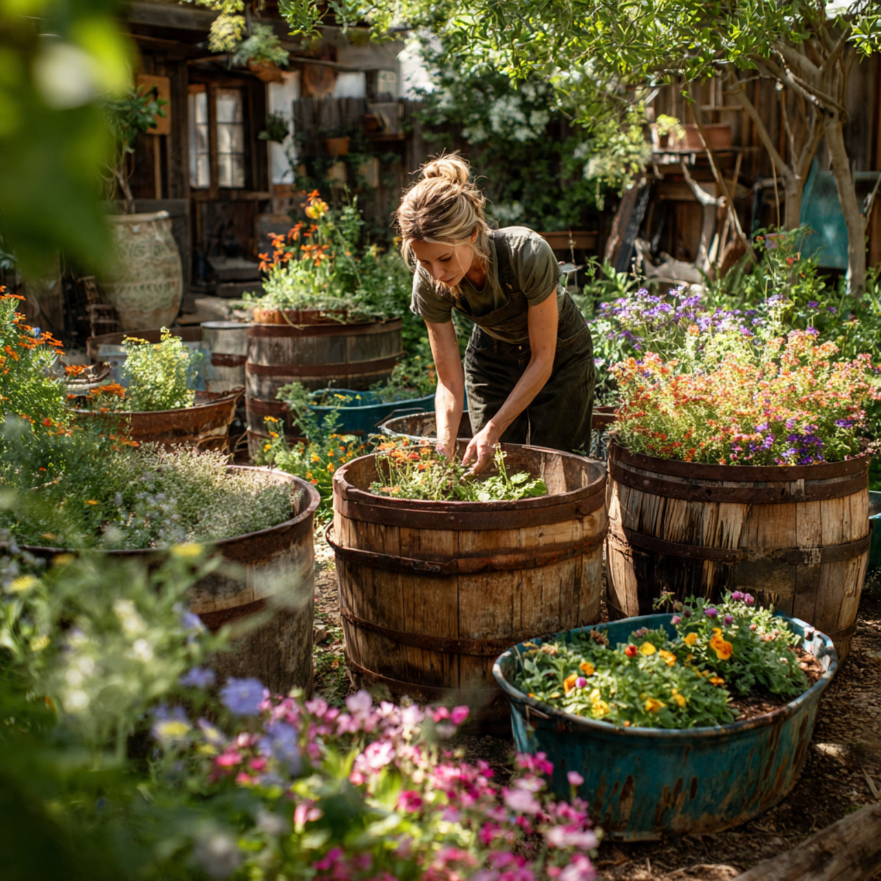 25 Backyard Ideas That Boost Value, Style & Everyday Enjoyment 21 a backyard with repurposed container gardens using