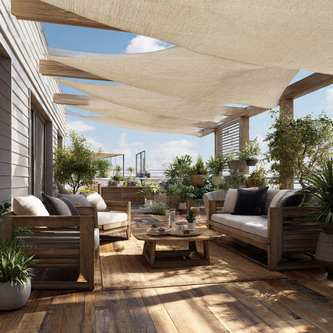 a breezy backyard patio with overlapping sail