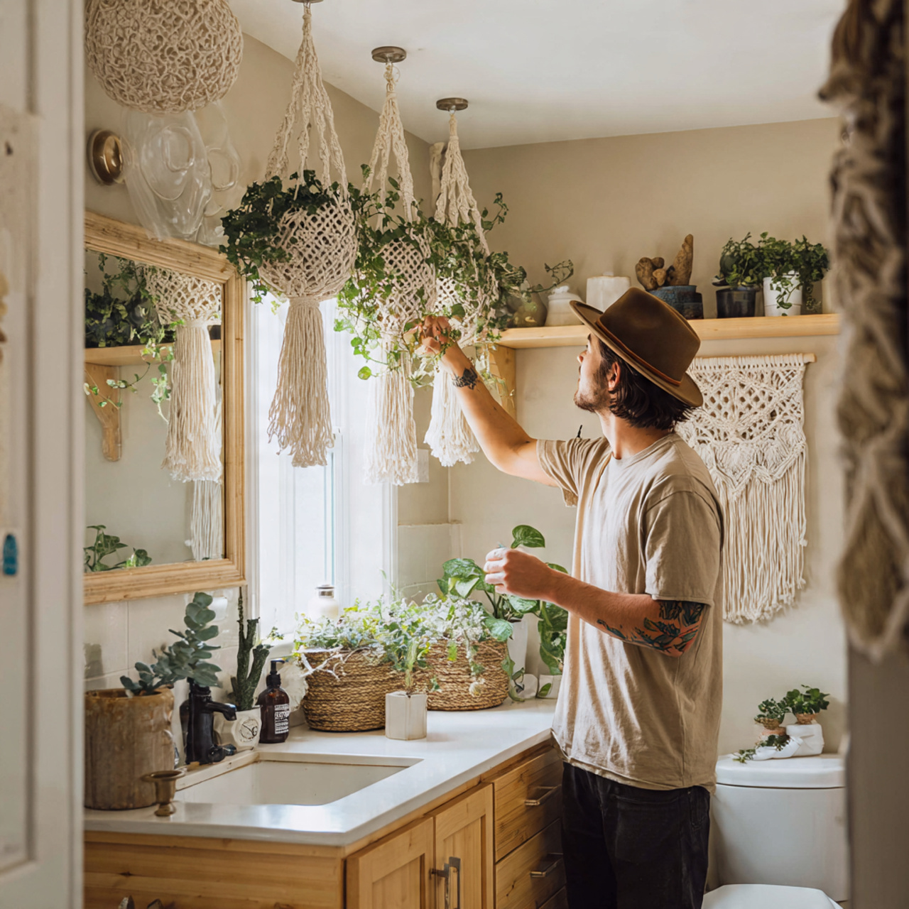 25 Bathroom Plants Ideas: Transform Your Space into a Lush, Relaxing Sanctuary 12 a bright airy bathroom with macram plant