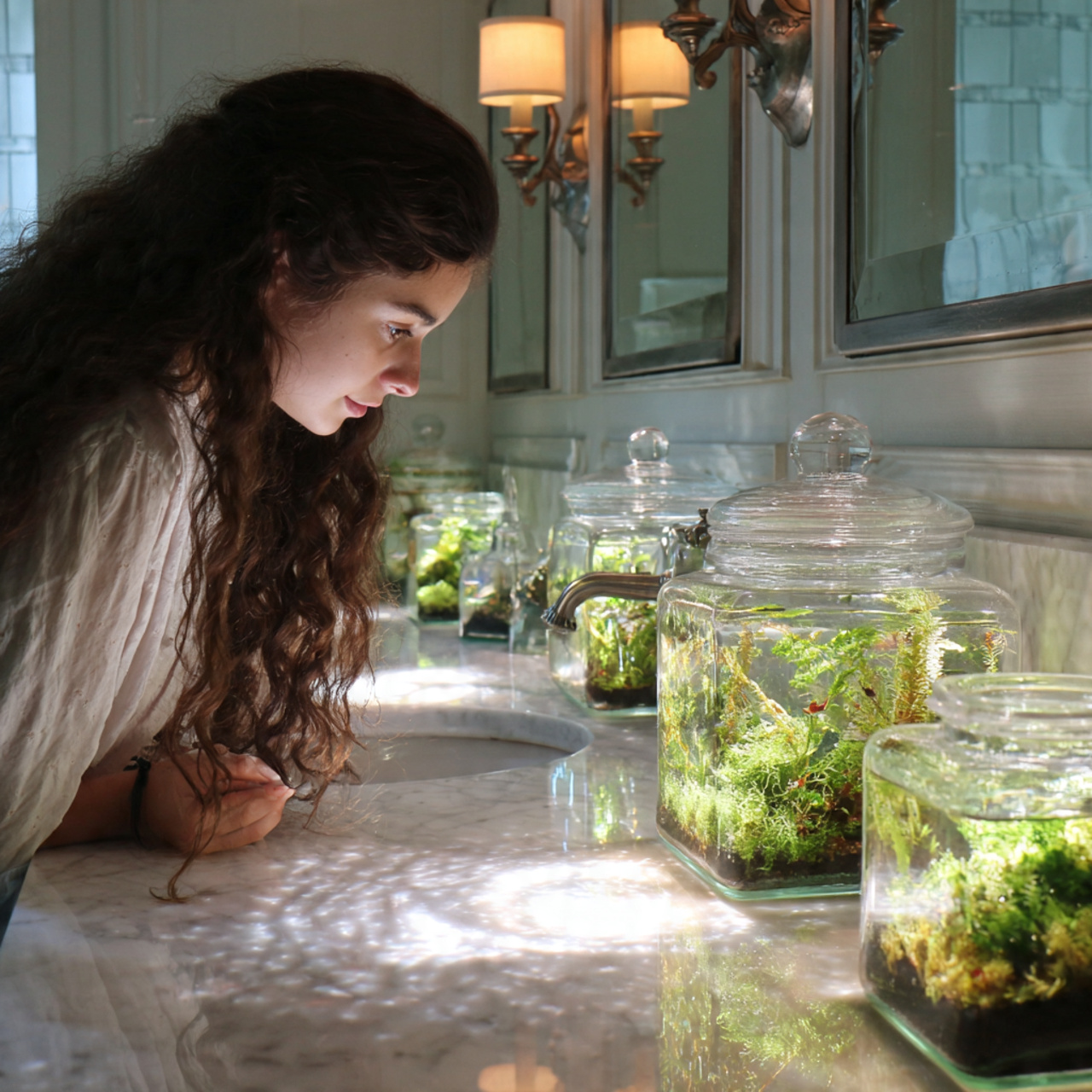 25 Bathroom Plants Ideas: Transform Your Space into a Lush, Relaxing Sanctuary 22 a bright bathroom countertop featuring small glass