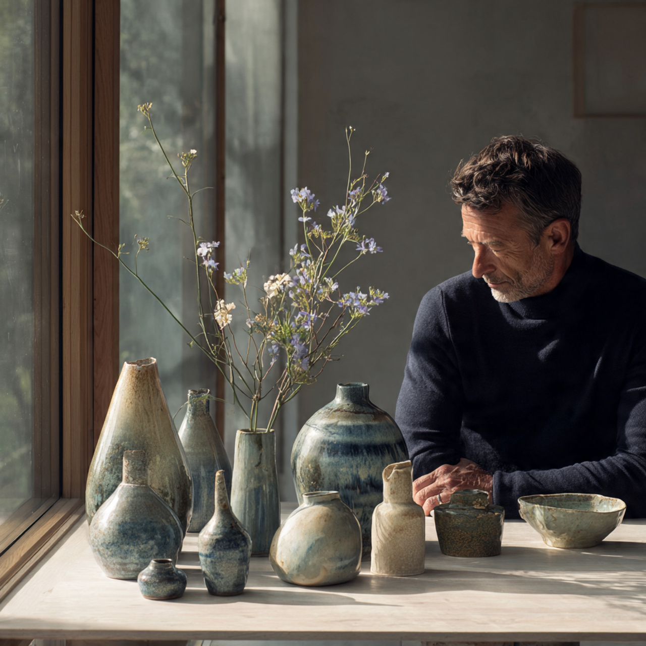 a bright living room shelf displaying handcrafted