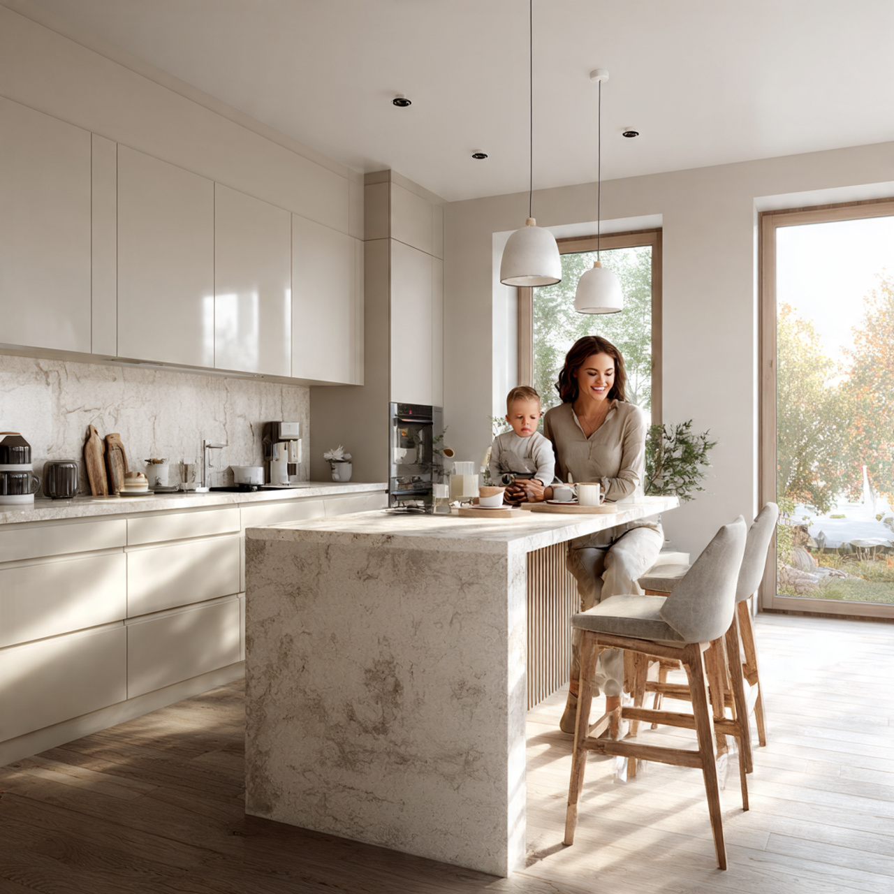 a bright realistic family kitchen showcasing kitchen