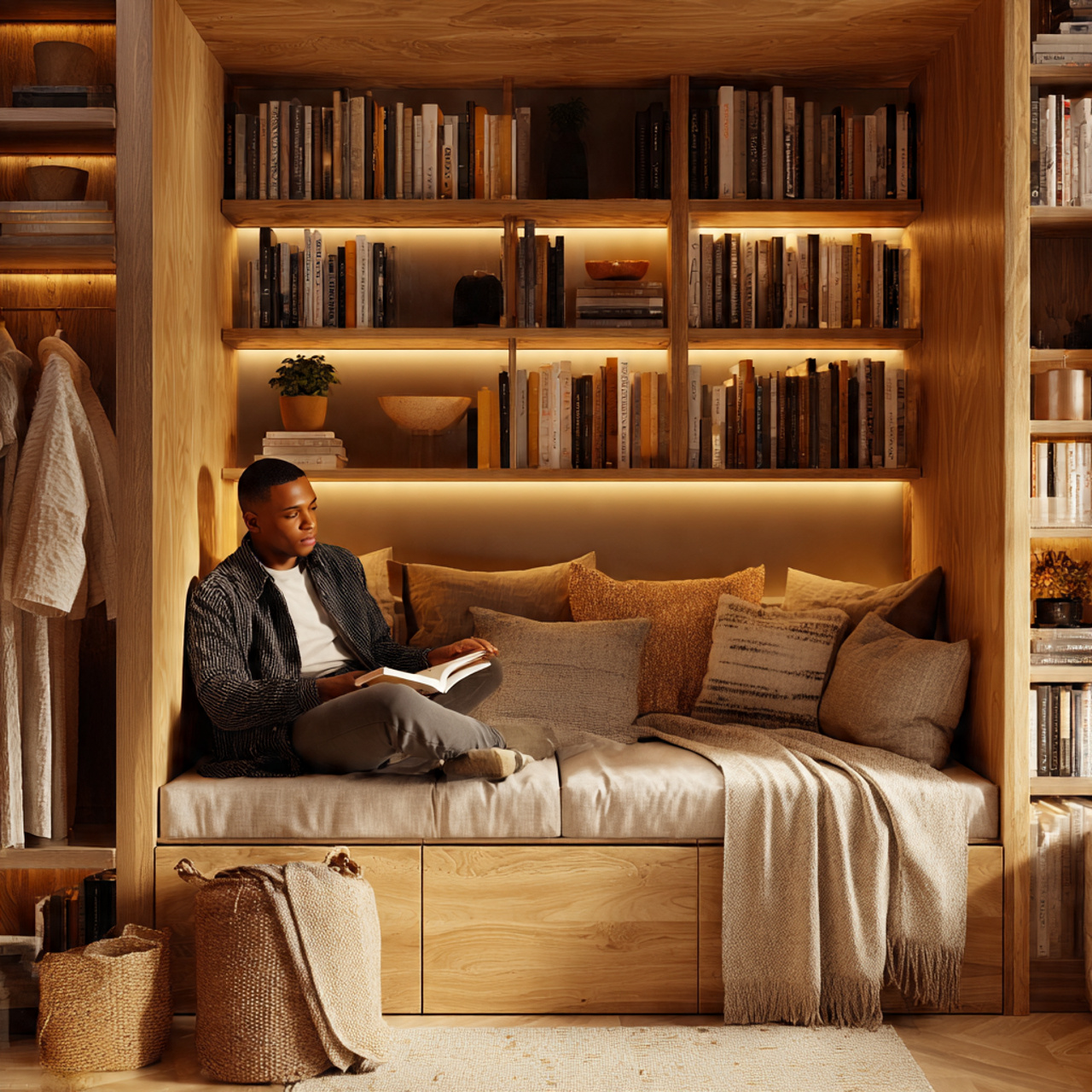 25 Cozy Nook Inspiration Ideas to Create Warm, Inviting Retreats at Home 10 a built in bookshelf nook with a cushioned