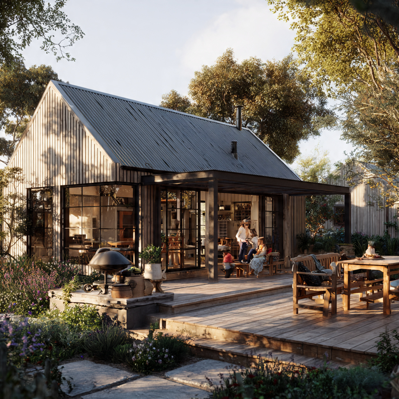 a charming backyard with a farmhouse style corrugated