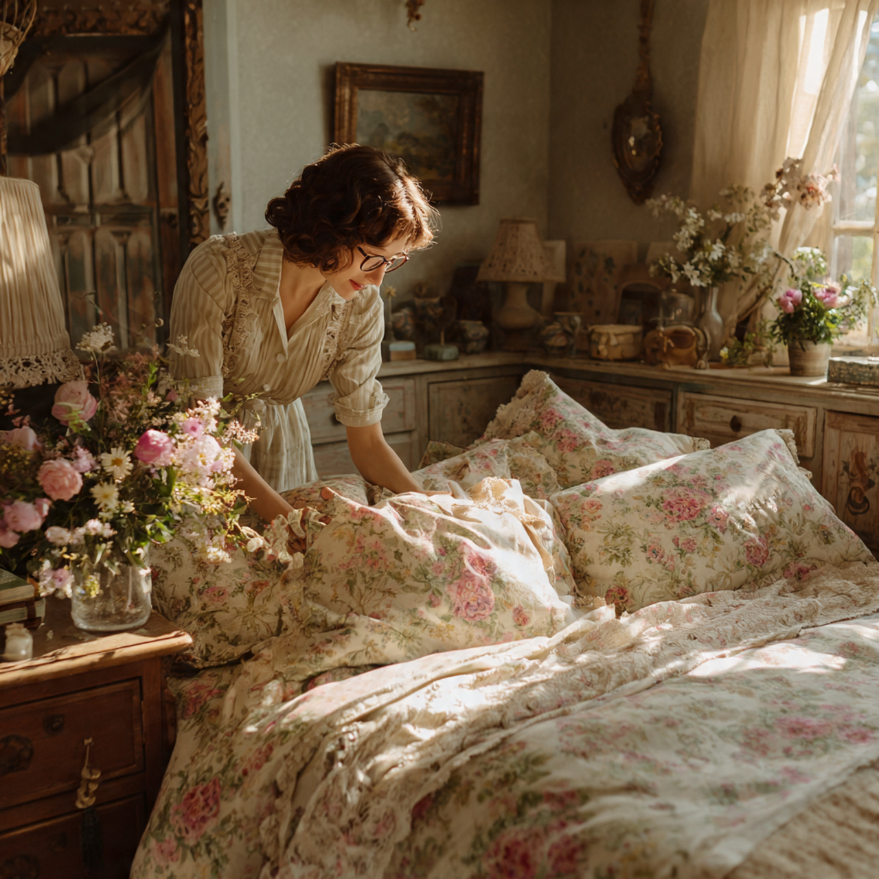 a charming bedroom with vintage floral pattern
