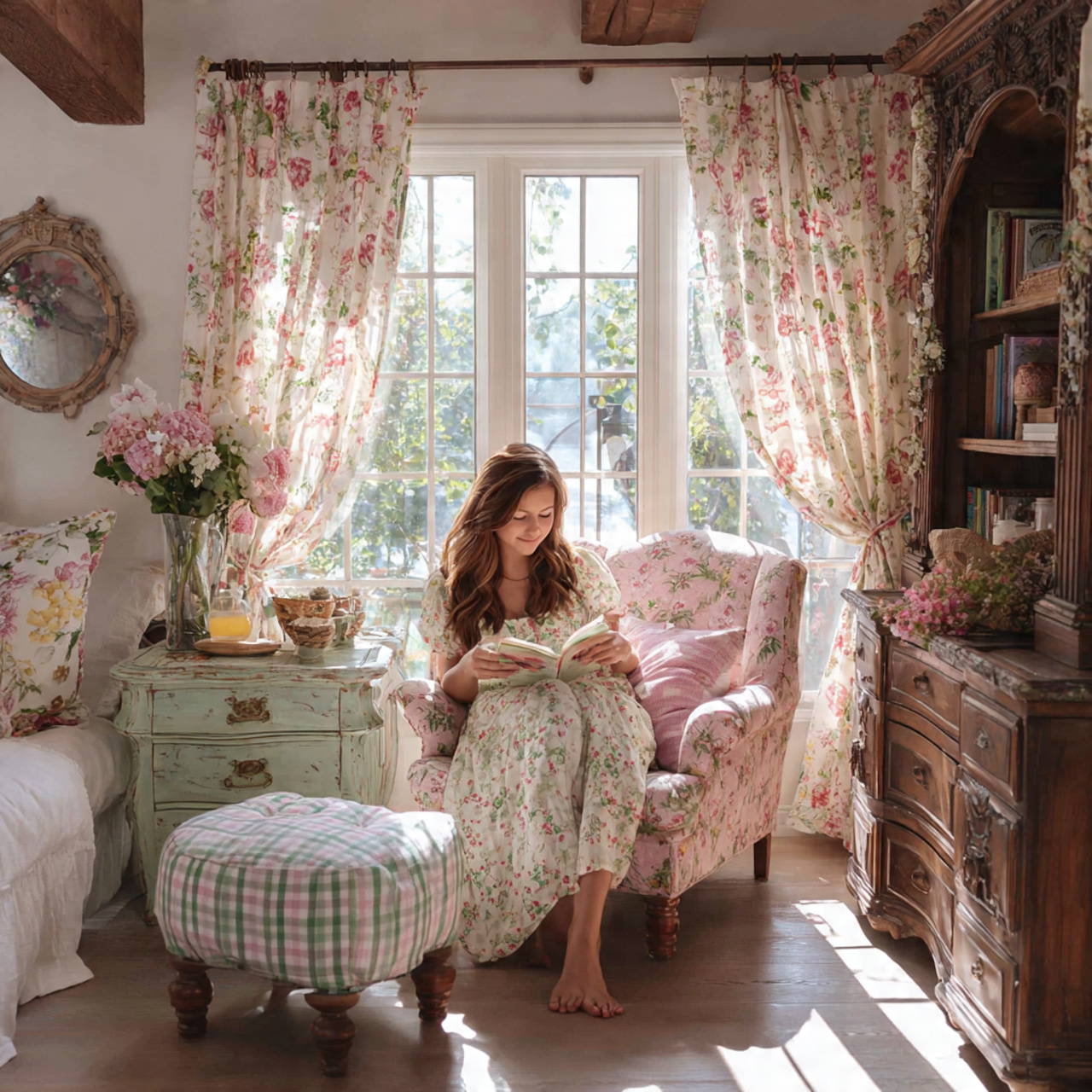 a cheerful cottagecore living room featuring soft