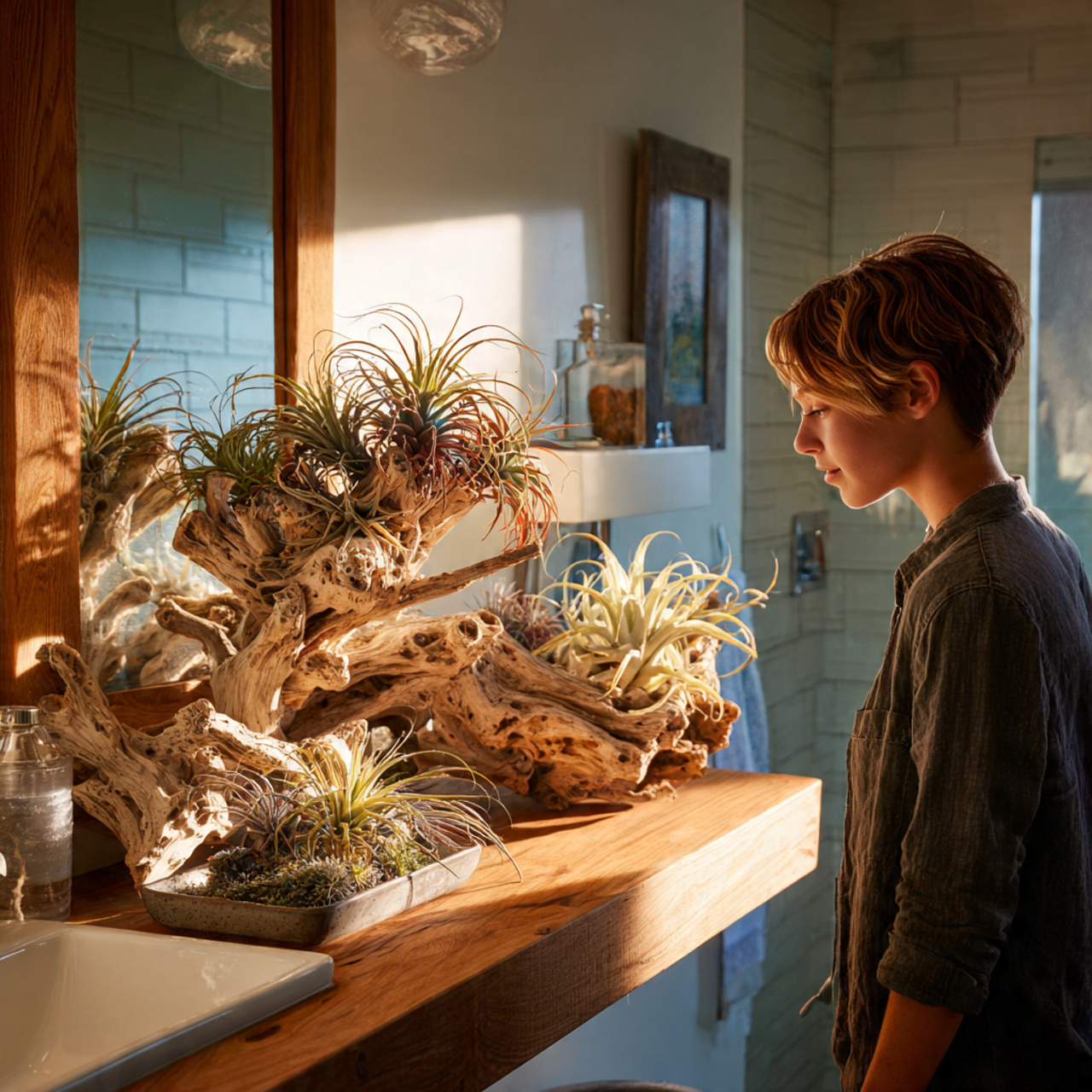 25 Bathroom Plants Ideas: Transform Your Space into a Lush, Relaxing Sanctuary 24 a coastal style bathroom featuring air plants mounted