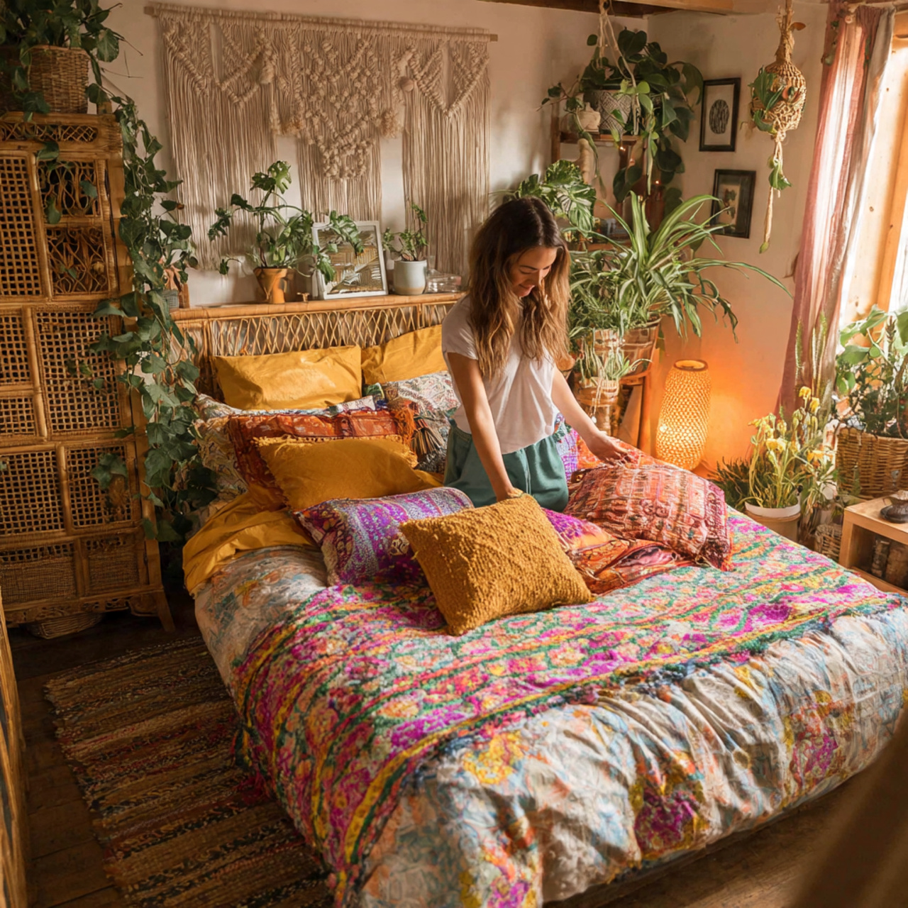 25 Room Decor Ideas for a Stylish, Cozy & Modern Home 6 a colorful bohemian bedroom with layered bedding